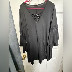 Black Womens Bell Sleeve Lace-Trim Top